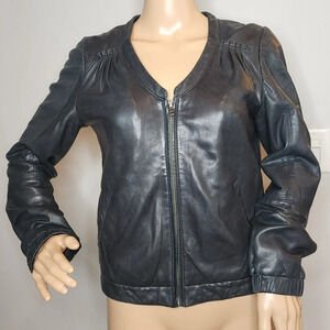 Leith Black Lamb Leather Jacket Yoke Zip Front Women's Size Small